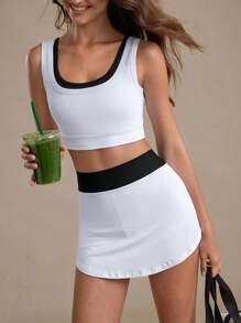 Eassivo Eassivo Set da donna casual 2 in 1 con maglione senza maniche e gonna sportiva a contrasto di colore, completo da allenamento per tutte le stagioni - Bianco - Visualizzare 7