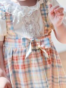 Souflis Souflis Baby Girl Puff Sleeve Peter Pan Collar Bowknot Dopamine Grid Cute Front Decorated Jumper Dress