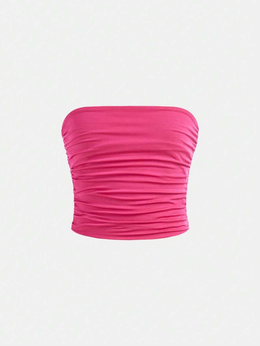 SHEIN Tween Girl Minimalist Comfortable Ruched Stretchy Fitted Casual Bandeau Tube Top - Hot Pink - View 1