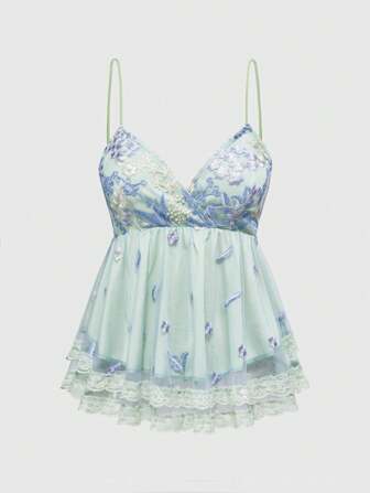 Fairycore Débardeur mode à volants avec broderie florale pour femme