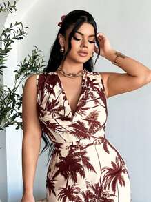 SHEIN SXY Women's Boho Palm Tree Print Sleeveless Cowl Neck Long Jumpsuit: Woven Fabric, Multicolor, Knot Detail For A Stylish Look. - Multicolor - View 1