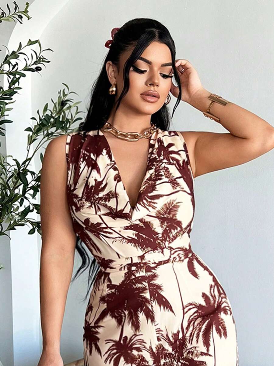 SHEIN SXY Women's Boho Palm Tree Print Sleeveless Cowl Neck Long Jumpsuit: Woven Fabric, Multicolor, Knot Detail For A Stylish Look. - Multicolor - View 1