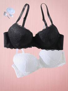 SHEIN Set de 2 sujetadores de lencería de alambre con parches de encaje para mujeres