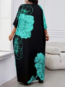 SHEIN Lady 春夏休闲优雅波西米亚风黑色编织 V 领直筒束腰连衣裙卡夫坦连衣裙长款大码连衣裙复活节连衣裙女装春季服装 - 藍色 - 查看 2