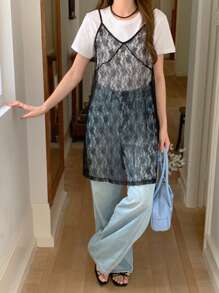 DAZY 情人节新款春季女士蕾丝吊带透视长款吊带背心 - 黑色 - 查看 3