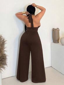 Maweii 大码女式性感纯色露背深 V 金属装饰纽扣连体裤，时尚百搭设计，适合派对和聚会