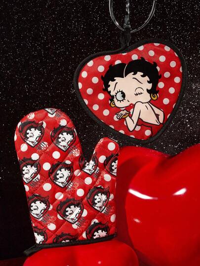 Betty Boop x SHEIN Maldives & Trilu Chip Print Heat Resistant Kitchen Baking Accessories, Choose From Gloves Or Pot Holders, Oven-Friendly, Thick Pad Insulation,Gift Ideas,Party,Holiday,Valentine's Day