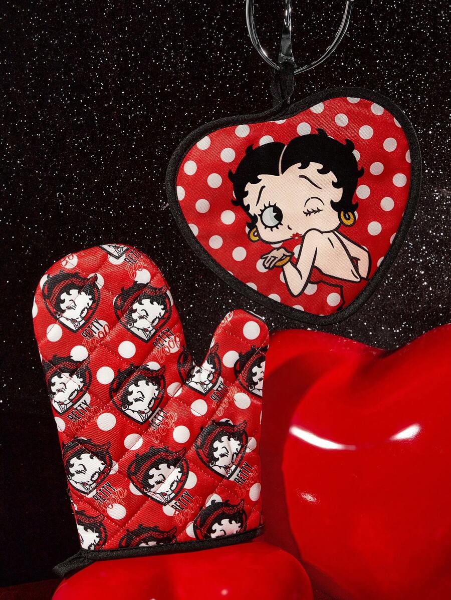 Betty Boop x SHEIN 马尔代夫和Trilu联名款印花耐热厨房烘焙配件，可选手套或隔热垫，适用于烤箱，加厚隔热垫，礼品之选，派对、节日、情人节适用