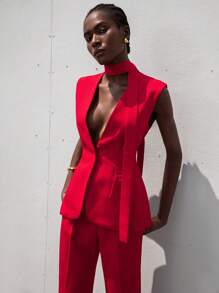 Aveloria Modichic Sleeveless V-Neck Belted Formal Waistcoat - Red - View 3