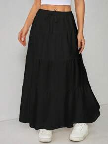 SHEIN PETITE Solid Color Drawstring Waist With Ruffle Hem Casual Skirt - Black - View 9