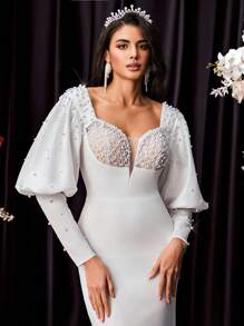 Glamrae 优雅泡泡袖蕾丝边荷叶边美人鱼裙，带拖尾，适合婚礼、单身派对、蜜月、新娘 - 米色 - 查看 1