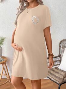 SHEIN Pregnant Women Summer Casual Heart Print Round Neck Short Sleeve Dress Maternity Dress - Baby Pink - View 5