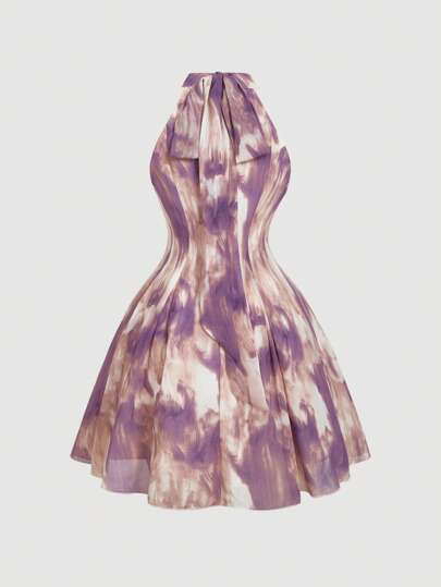 SHEIN MOD Đầm hè lãng mạn cỡ lớn nhuộm tie-dye trang trí nơ, đầm sinh nhật mùa hè cho nữ, quần áo đầm cho nữ, đầm ngắn, đầm dễ thương cho nữ.
