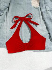 SHEIN Swim Springbreak Women's Halter Neck U-Neck Rouched Front Minimalist Stylish Versatile Swimsuit Top - Red - View 6