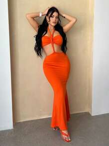 SHEIN SXY 夏季性感纯色镂空露背V领连衣裙