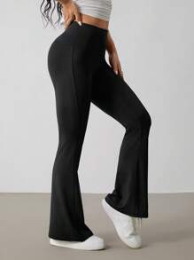 SHEIN PETITE 女式简约纯色宽腰喇叭裤 - 黑色 - 查看 3