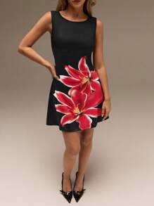 SHEIN Forever 21 Damen Sommerkleid mit Blume Muster, rundem Ausschnitt, ärmellos, Lässig Beach Mini Kleid - Schwarz - Übersicht 4