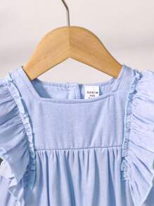 Baby Girls' Sweet Ruffled Square Collar Woven Blouse Top, Summer - Blue - View 4