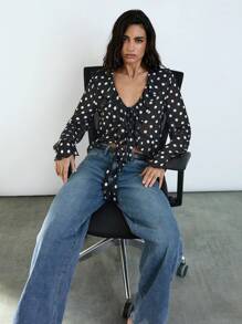Maija 2025 Herbst/Winter Neue Vintage Polka Dot Muster Design Vordere Bindung Taille Rüschen Kragen Asymmetrischer Saum Weite Ärmel Damen Bluse, Modisch Lässig Chic Urban Elegant Romantisch Business Lässig Täglich Büro Party Strand Musik Festival Hochzeitsgast Brunch Y2K Retro Straßenmode Rückkehr zur Schule Herbst/Winter Damen Geburtstag Halloween