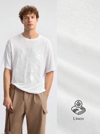 Ontre 2025 Summer Men Casual Versatile Solid Color Jacquard Short Sleeve T-Shirt, Business Casual Youth Male T-Shirt, Suitable For Music Festival, Vacation, Everyday Wear