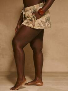 MUSERA Plus Elasticated Floaty Tropical Print Mini Shorts Cover Up Boho Swim Holiday Easter Sexy Cute Elegant Classy Casual Dailywear Everyday Wear Cover Up Wear - Multicolor - View 3