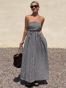 Women Plaid Print Dress, Long Strapless Design, Spring/Summer Sundress Vacation Maxi Dress - Black and White - View 5
