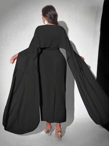 SHEIN Unity 大码优雅珍珠缀饰披肩领连衣裙 - 黑色 - 查看 2