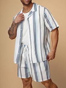 EASEVO 大码男士休闲条纹编织短袖衬衫和短裤套装 - 彩色 - 查看 6