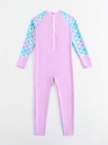 女童连体泳衣，卡通美人鱼尾巴，数码印花，紫色鱼鳞印花，长袖长裤，连体泳衣，适合参加海滩泳池派对 - 紫色 - 查看 8
