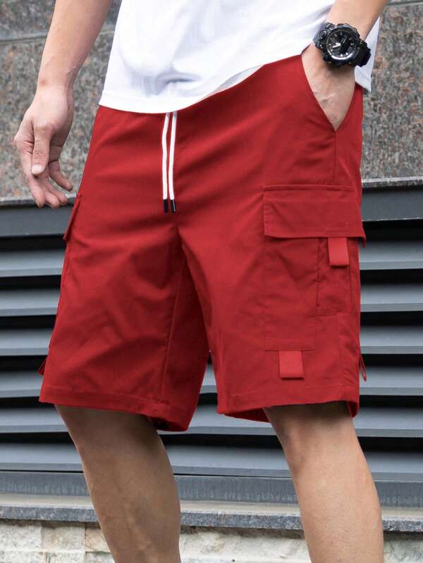 Manfinity EMRG Men's Solid Color Drawstring Waist Cargo Pocket Loose Casual Shorts