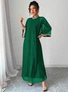 Elenzga Women's Elegant Woven Ribbon Decor Batwing Sleeve Dress - Green - View 6