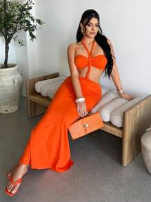 SHEIN SXY 夏季性感纯色镂空露背V领连衣裙