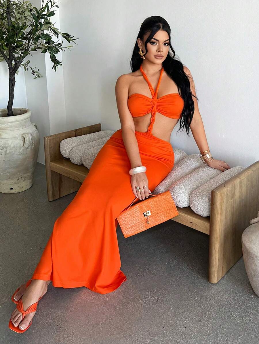 SHEIN SXY 夏季性感纯色镂空露背V领连衣裙