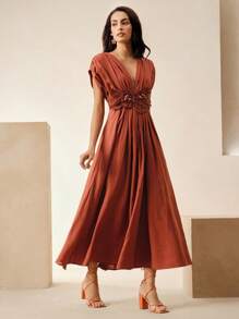 Anewsta 优雅腰部花卉装饰束腰度假海滩褶皱设计连衣裙，节日波西米亚风女士外出度假服装，春夏 - 紅木色 - 查看 4