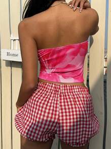 SHEIN EZwear Áo crop top họa tiết hoa màu hồng đơn giản dành cho nữ, phù hợp cho mùa hè - Nhiều màu - Xem 2