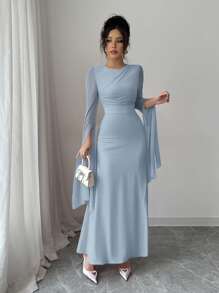 Elenzga Đầm dài tay cổ tròn xếp ly màu trơn thanh lịch cho nữ - Màu xanh lam - Xem 5