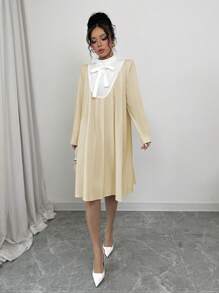 Selianne Women's Solid Color Lace-Up Long Sleeve Elegant Midi Dress Fall Cloth For Women - Apricot - View 5
