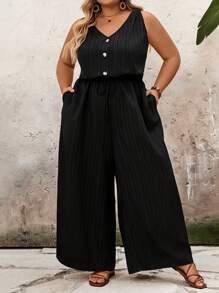 SHEIN CURVE+ Plus Size Women's Black Clothing Texture Crepe Vest Jumpsuit, With Bow Waist And V-Neck Jumpsuit, Long Pants, Curve Plus, Boho Vacation Beach Outfits For Woman/Beach Dress/Beach Vacation Outfits/Beach Essentials / Graduation/Tea Party Dress - Black - View 7