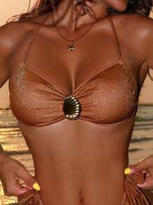 Swim SXY Women Summer Solid Sequin Fabric Spaghetti Strap Shell Decor Sexy Bikini Top - Brown - View 1