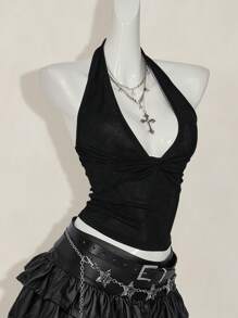 SHEIN ICON 女士休闲深 V 领扭结背心 - 黑色 - 查看 8