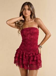 SHEIN BAE 女士夏季勃艮第纯色约会夜总会优雅花卉蕾丝边分层荷叶边下摆迷你连衣裙/分层蛋糕下摆迷你连衣裙适合生日派对、节日聚会、情人节