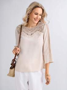 Miaspire Custom Floral Collar Insert Women's Casual Vacation Shirt, Spring/Summer Mothers Day Outfit Gift For Mom,Summer Outfits - Khaki - View 3