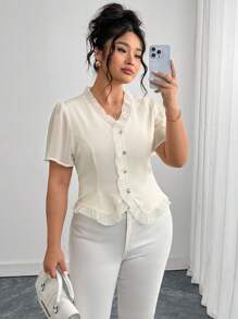 SHEIN Clasi Plus Size Elegant Ruffle Trim Front Button Cinched Waist Short Sleeve Shirt For Summer, Elegant Apricot Color Blouse,Old Money Style - Apricot - View 10