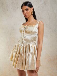 COSMINA Women's Ballet Bow Contrast Lace Ruffle Hem Short Summer Vintage Flowy Dress - Khaki - View 6