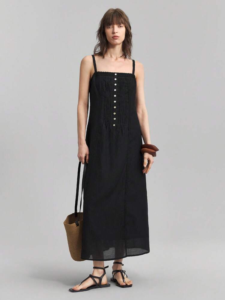 Women's 2025 Spring Summer Button Decor Contrast Lace Dress, Elegant Female Tank Dress, Spring Summer Lady Midi Dress, Graduation Dress