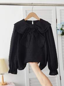 Tween Girl Solid Color Black Bow Decor Elegant Long Sleeve Blouse Fall Winter - Black - View 6
