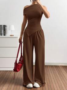 SHEIN EZwear 2pcs/Set Women Knitted Solid Color Oblique Shoulder Top And Pants - Mocha Brown - View 5