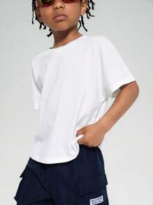 SHEIN Leap Crew 2pcs Kids Young Boy Casual Street, Versatile And Comfortable Letter Printed Round Neck Loose Short Sleeved Pullover T-Shirt In Clean Color Woven Shorts Two Pieces Set Suitable For Commuting To School, Daily Leisure Vacation Travel, Suitable For Sports, Suitable For Spring And Summer Seasons - White - View 2