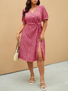 Elaquor Robe d'été pour femme grande taille, design croisé avec un col en V et imprimé floral romantique français pour les vacances - Rose orangé - Voir 4