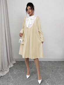 Selianne Women's Solid Color Lace-Up Long Sleeve Elegant Midi Dress Fall Cloth For Women - Apricot - View 4